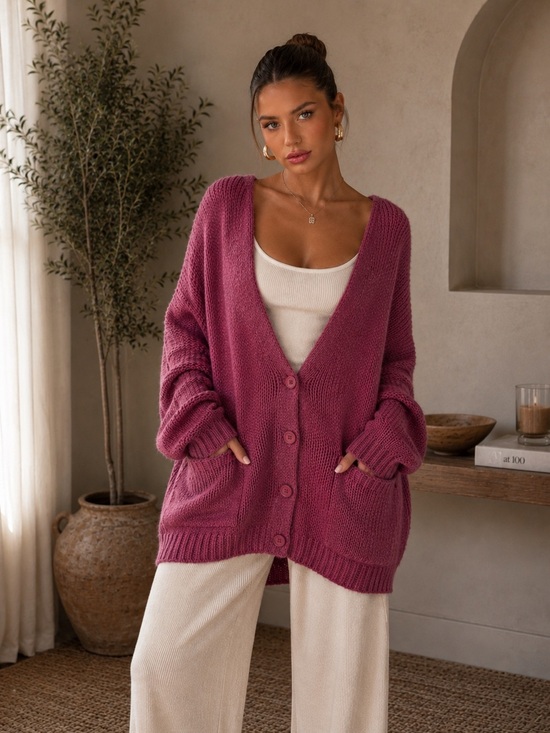 easel Sweaters - Easel Raspberry Slouchy Knit Cardigan Sweater Soft Oversized New S-L ET21418